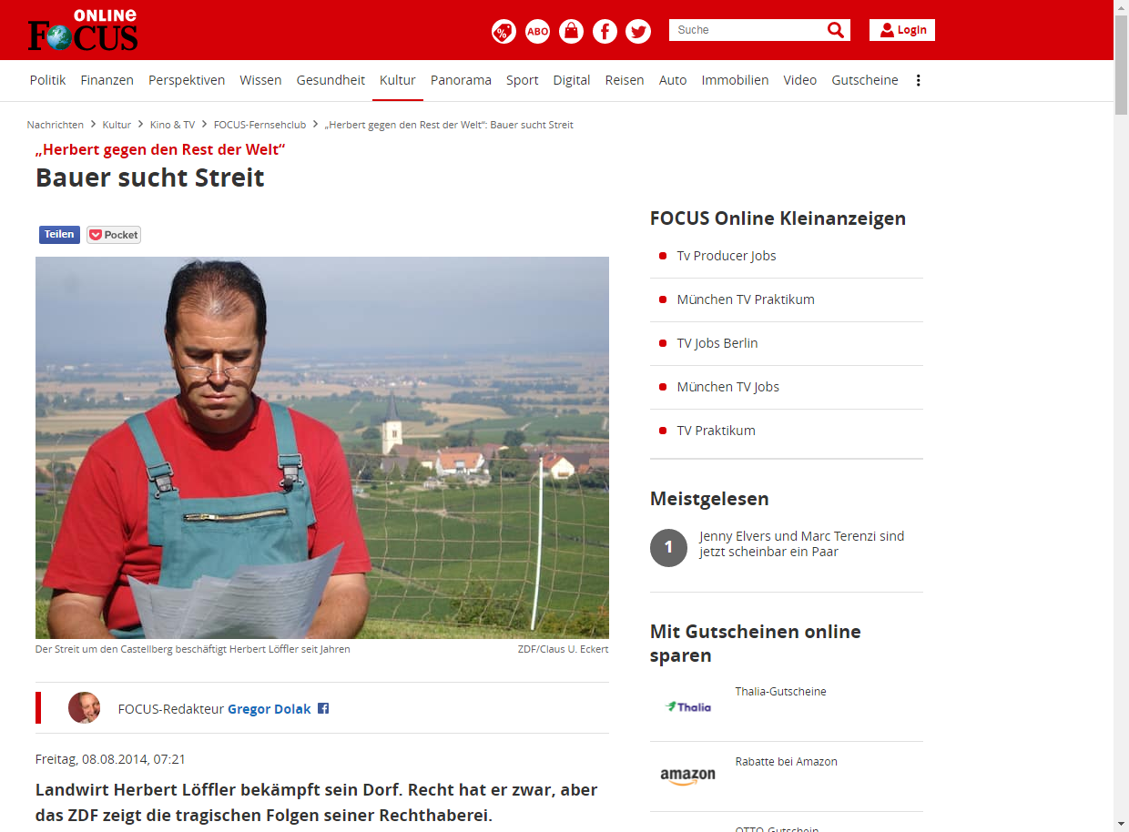 FOCUS ONLINE 08.08.2014: Bauer sucht Streit