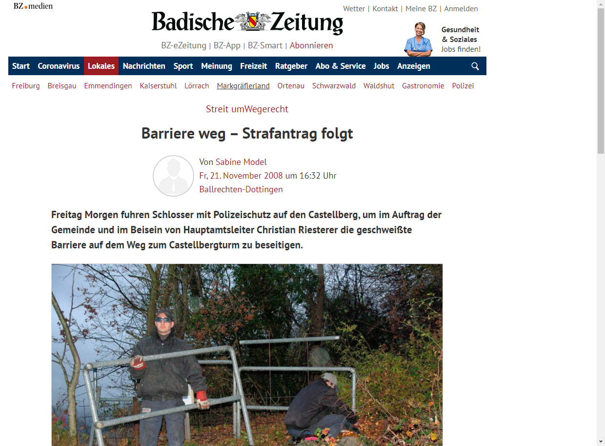 Badische Zeitung 21.11.2008: Barriere weg – Strafantrag folgt