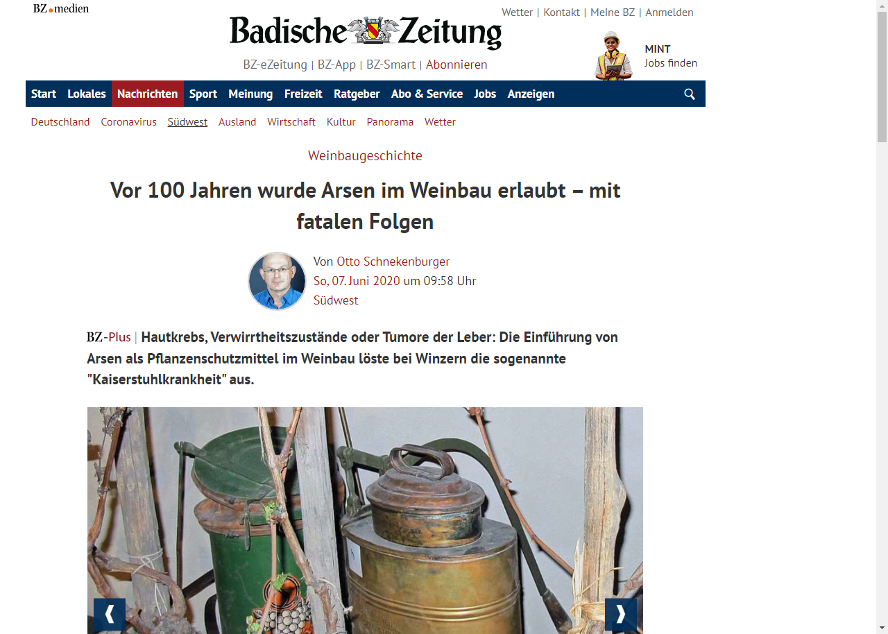Badische Zeitung 07.06.2020: Vor 100 Jahren wurde Arsen im Weinbau erlaubt – mit fatalen Folgen