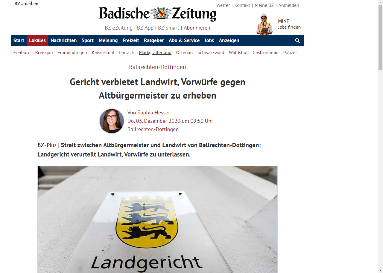 Badische Zeitung 03.12.2020: Gericht verbietet Landwirt, Vorwürfe gegen Altbürgermeister zu erheben