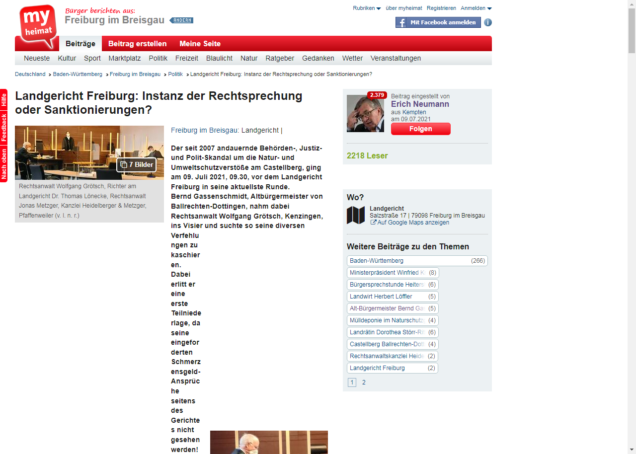 myHeimat.de 09.07.2021: Landgericht Freiburg: Instanz der Rechtsprechung oder Sanktionierungen?
