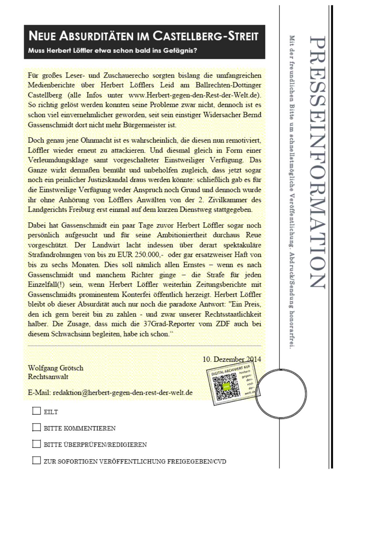 PRESSEINFORMATION HERBERT LÖFFLER Castellberg vom 10.12.2014